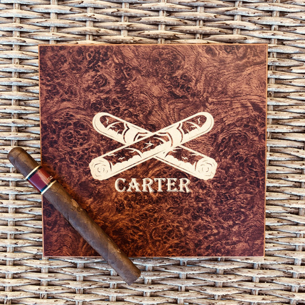 Personalized burl wood cigar humidor with Spanish cedar interior, the ideal long-term storage solution for a growing cigar collection
