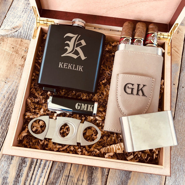 Midnight Smoker personalized cigar gift set with engraved humidor, the perfect Father's Day or milestone birthday gift for dad