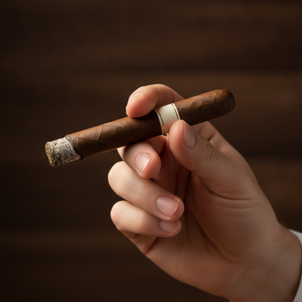Close up of a hand holding a lit cigar correctly, resting between the thumb and the side of the index finger with a relaxed grip in a warm dark cigar lounge