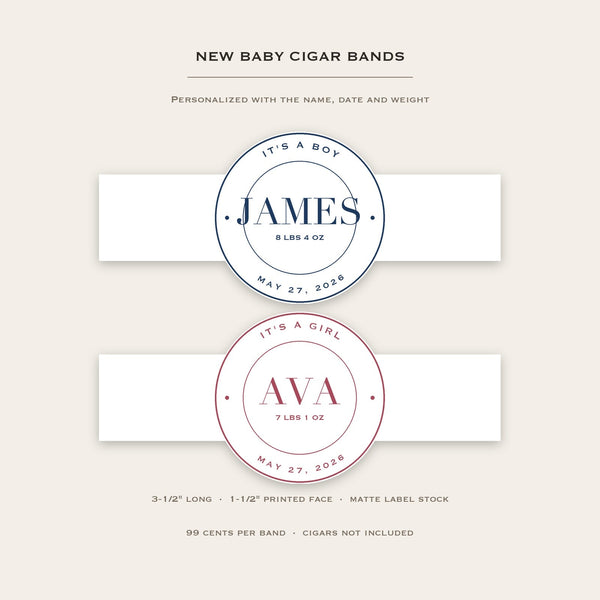 Two personalized new baby cigar bands on a cream background, a navy It's a Boy band printed with the name JAMES and a rose It's a Girl band printed with the name AVA