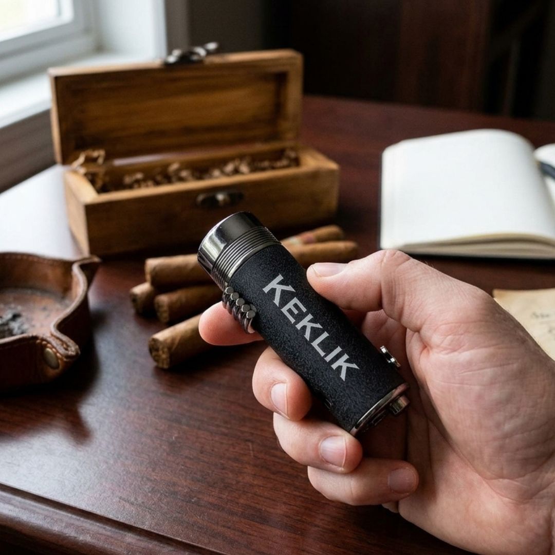 Hand holding black cigar lighter with monogrammed "KFLK" initials, torch lighter with metal band, wooden cigar box and cigars visible on desk background