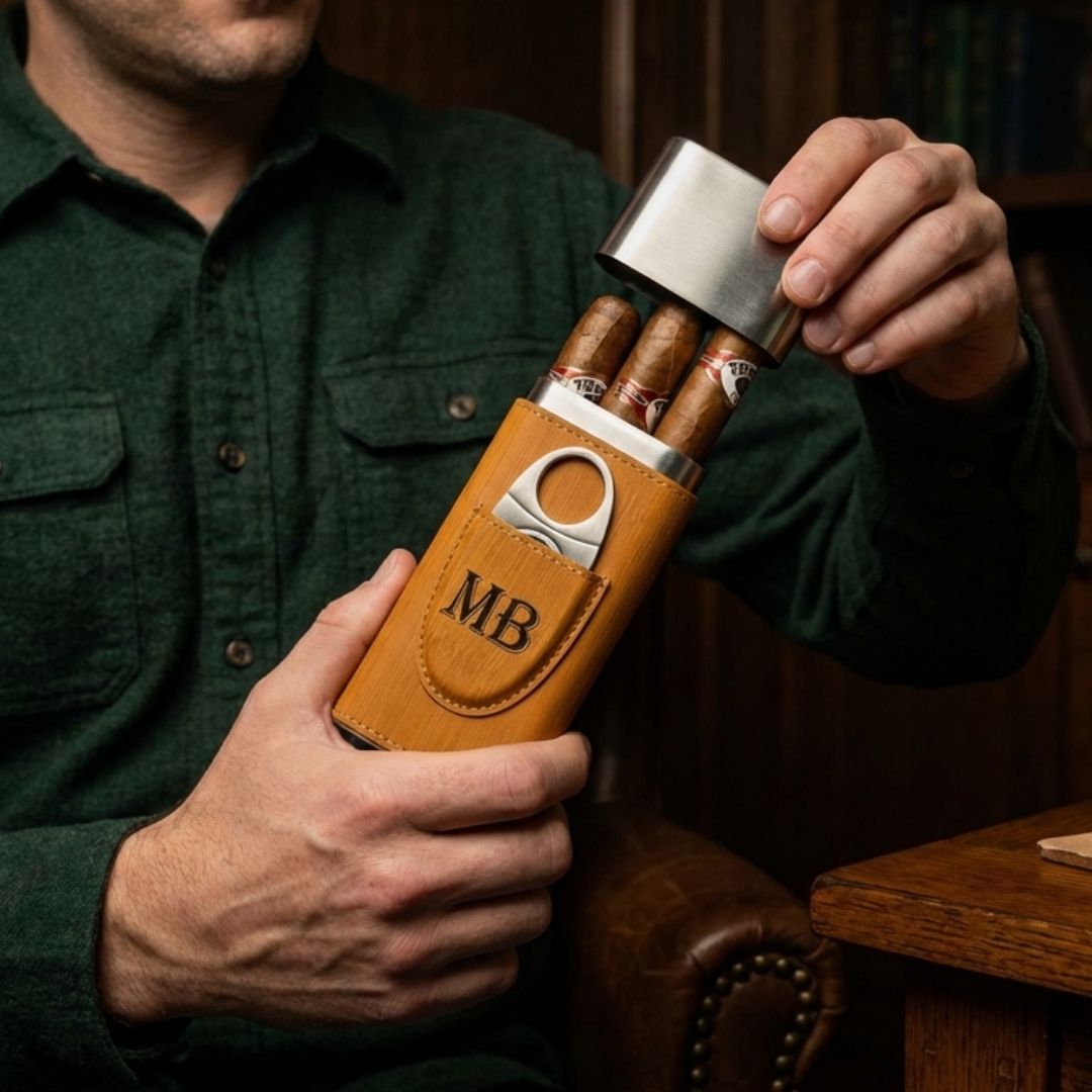 Wooden cigar case with monogrammed initials "MB" and stainless steel top, held open to display two cigars inside, paired with matching cigar cutter