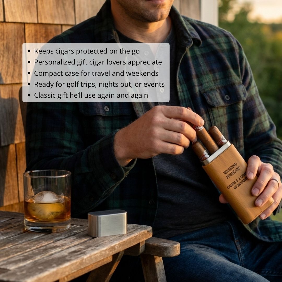 Man in plaid shirt holding light wood cigar case engraved with sample text, seated outdoors with whiskey glass and cigar accessories on wooden table