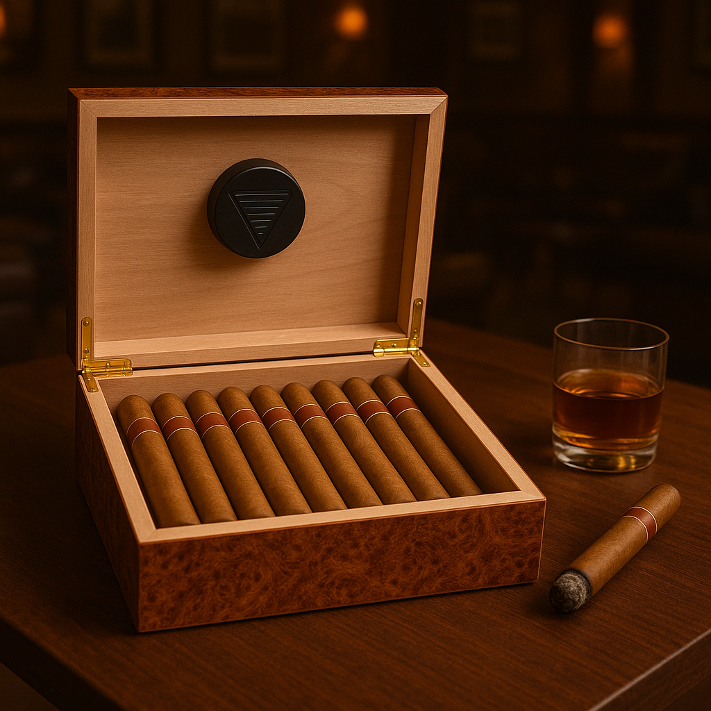 Open cedar humidor with black circular humidifier on lid, filled with brown cigars, displayed with whiskey glass and single cigar on wooden table
