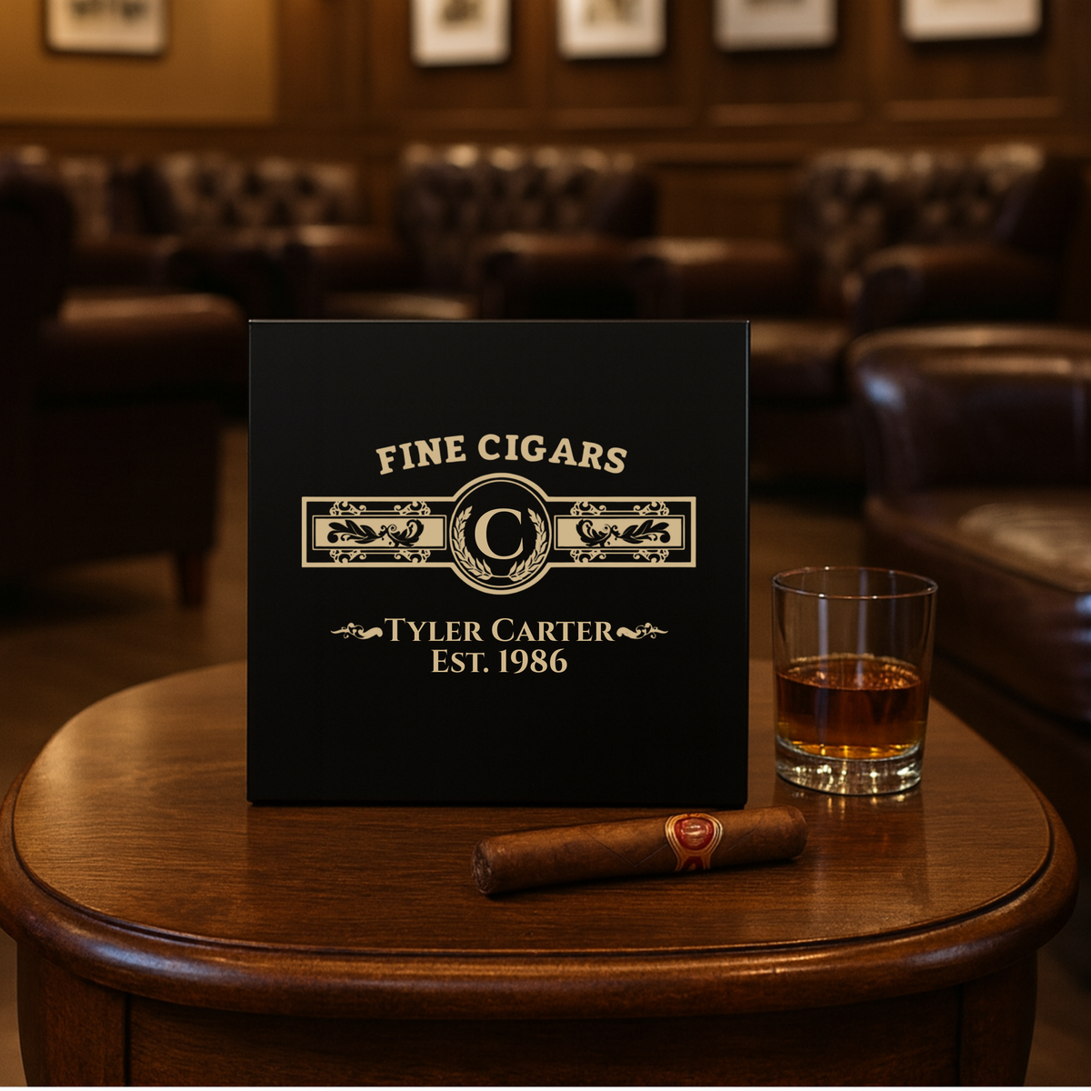 Black cedar humidor with gold-engraved sample personalization reading "TYLER CARTER EST. 1986" displayed on round wooden table with cigar and whiskey glass