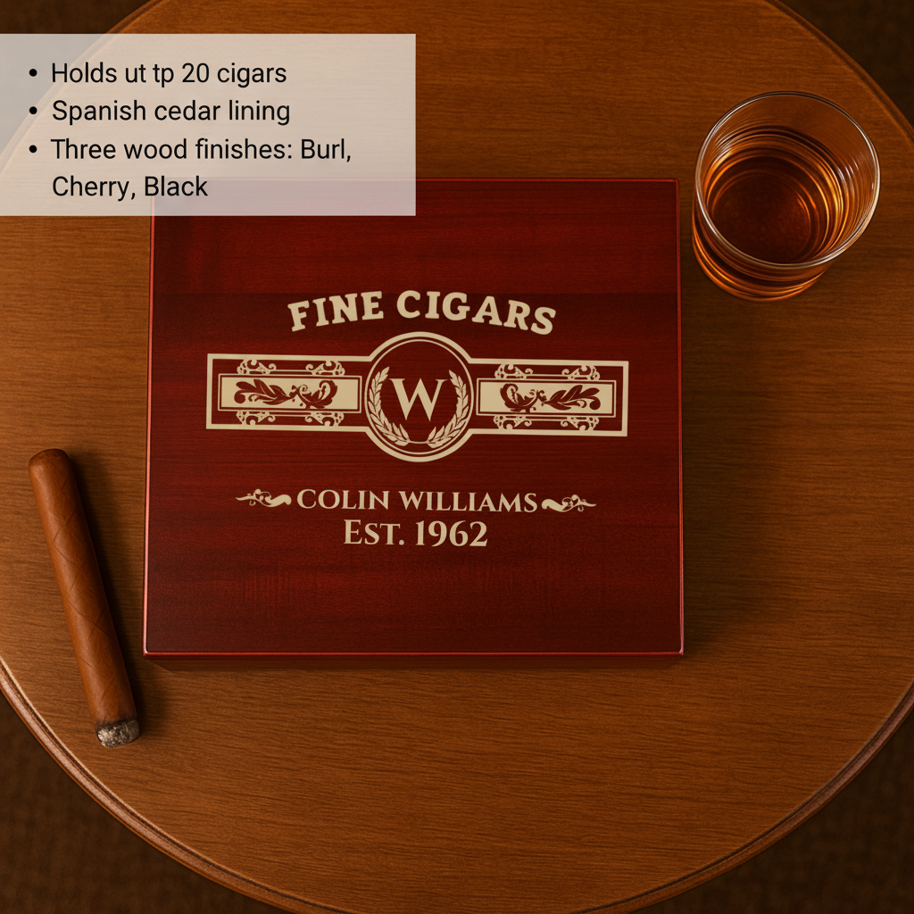 Deep red wood humidor with engraved sample personalization reading "COLIN WILLIAMS EST. 1962" and decorative cigar band design, displayed on wooden table with cigar and whiskey gla